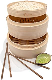 Premium 10 Inch Handmade Bamboo Steamer - Two Tier Baskets - Dim Sum Dumpling & Bao Bun Chinese Food Steamers - Steam Baskets For Rice, Vegetables, Meat & Fish Included 2 Sets Chopsticks, 20 Liners & Sauce Dish