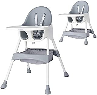 KESAIH High Chair , Height Adjustable High Chairs for Babies and Toddler with Easy-Clean Pu Cushion , Removable Tray , Adjustable Feet , 5 Point Safety Harness , Modern Infant High Chair Grey