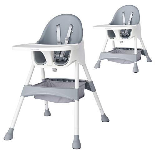 KESAIH High Chair , Height Adjustable High Chairs for Babies and Toddler with Easy-Clean Pu Cushion , Removable Tray , Adjustable Feet , 5 Point Safety Harness , Modern Infant High Chair Grey