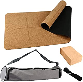 4PCS Eco-Friendly Cork Yoga Mat Set Non-Slip Organic Cork & Natural Rubber w/3inch Cork Block&Yoga Strap&Yoga Bag for Hot Yoga Gymnastics Aerobicsw 72X24Inch 4mm Non-Toxic Latex Free Gym Exercise Mat