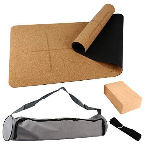 4PCS Eco-Friendly Cork Yoga Mat Set Non-Slip Organic Cork & Natural Rubber w/3inch Cork Block&Yoga Strap&Yoga Bag for Hot Yoga Gymnastics Aerobicsw 72X24Inch 4mm Non-Toxic Latex Free Gym Exercise Mat