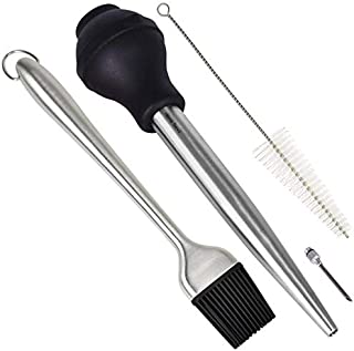 Home Servz 18/8 Stainless Steel Turkey Baster Syringe - Injector Needle with Cleaning Brush - Food Grade Silicone Bulb & Heavy Duty 12 Inch Stainless Steel Handle Silicone BBQ Basting Brush