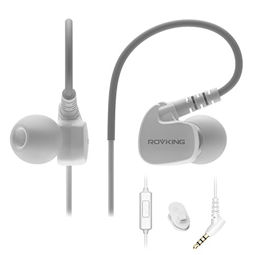 ROVKING Wired Sweatproof Earhook in Ear Sport Workout Headphones Noise Isolating Over Ear Earbuds with Microphone for Running Jogging Gym Exercise Earphones for Android Samsung Cell Phone MP3 White
