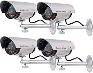 WALI Bullet Dummy Fake Surveillance Security CCTV Dome Camera Indoor Outdoor with one LED Light + Sticker Decals (TC-S4), 4 Packs, Silver
