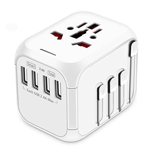 HAOZI Upgraded Travel Adapter, All-in-one International Power Adapter with 4 USB Ports, European Plug Adapter, Universal Travel Accessories for Over 150 Countries(Recovery Fuse), New White