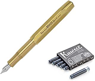 Kaweco AL Sport Fountain Pen (Fine Nib) + Pack of 6 Black Ink Cartridges Gift Set (Brass)