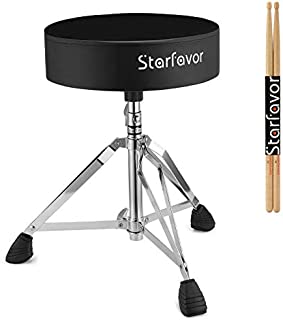 Starfavor Drum Throne Padded Drum Seat Drumming Stools Height Adjustable with 5A Maple Wood Drum Stick, Double Braced and Anti-Slip Feet Seat for Kids and Adults Drummers