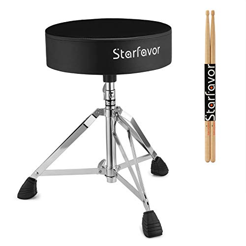 Starfavor Drum Throne Padded Drum Seat Drumming Stools Height Adjustable with 5A Maple Wood Drum Stick, Double Braced and Anti-Slip Feet Seat for Kids and Adults Drummers