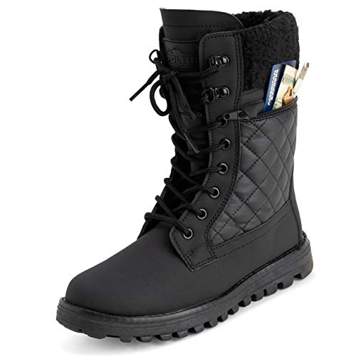 POLAR Womens Memory Foam Outside Pocket Inside Zip Thermal Waterproof Deep Tread Rubber Sole Snow Boots - Black Leather Mono - EU39/US8 - YC0622