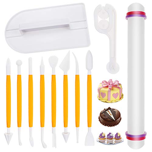 DOERDO 11 Pieces Fondant Cake Decorating Tool,Yellow Modeling Tools Fondant Smoother Rolling pin Trimmer Embosser Cutter,Tool for Fondant Cake Decorating