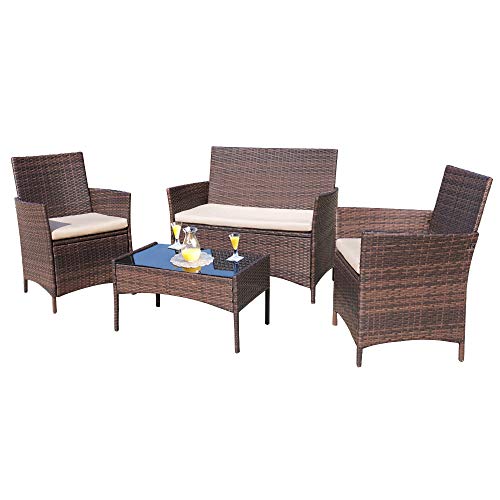 Homall 4 Pieces Outdoor Patio Furniture Sets Rattan Chair Wicker Set, Outdoor Indoor Use Backyard Porch Garden Poolside Balcony Furniture Sets Clearance (Brown and Beige)