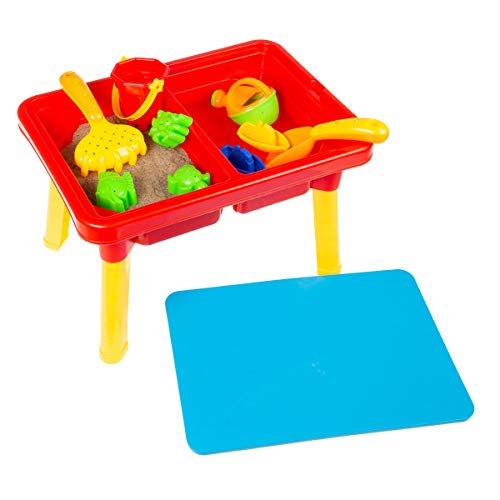 Hey! Play! 80-TK036196 Water or Sand Sensory Table with Lid & Toys - Portable Covered Activity Playset for The Beach, Backyard or Classroom