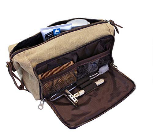 DOPP Kit Toiletry Travel Bag for Men and Women YKK Zipper Canvas & Leather. (Medium, Khaki)