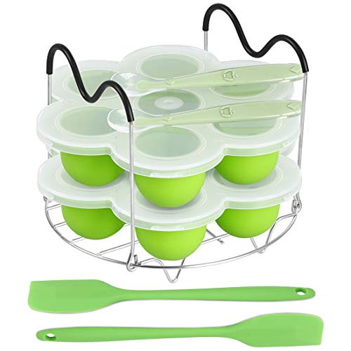 ROTTAY Silicone Egg Bites Molds and Steamer Rack Trivet with Heat Resistant Handles Fit Instant Pot Accessories, 7pcs set for 6qt & 8qt Electric Pressure Cooker With 2 Spoons and Silicone spatula