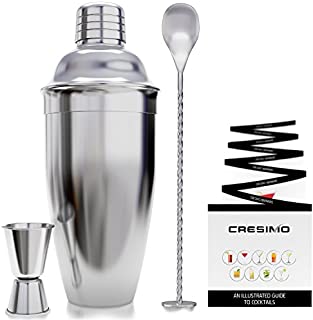 Cresimo 24 Ounce Cocktail Shaker Bar Set with Accessories - Martini Kit with Measuring Jigger and Mixing Spoon plus Drink Recipes Booklet - Professional Stainless Steel Bar Tools - Built-in Bartender Strainer