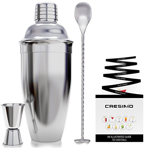 Cresimo 24 Ounce Cocktail Shaker Bar Set with Accessories - Martini Kit with Measuring Jigger and Mixing Spoon plus Drink Recipes Booklet - Professional Stainless Steel Bar Tools - Built-in Bartender Strainer