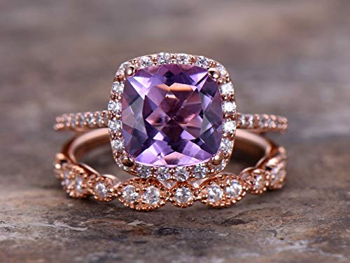 2pcs Amethyst wedding ring set!8mm Cushion Engagement ring,petite rose gold plated,925 sterling silver stacking CZ Bridal ring,matching band,Women Halo ring,Man Made diamond CZ ring,any size