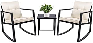 Devoko 3 Piece Rocking Bistro Set Wicker Patio Outdoor Furniture Porch Chairs Conversation Sets with Glass Coffee Table (Beige)