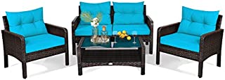 HAPPYGRILL 4-Piece Patio Furniture Set Outdoor Rattan Wicker Conversation Set with Coffee Table, Sectional Sofa Bistro Set with Cushions for Garden Poolside Backyard