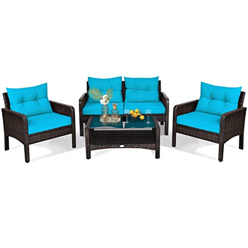 HAPPYGRILL 4-Piece Patio Furniture Set Outdoor Rattan Wicker Conversation Set with Coffee Table, Sectional Sofa Bistro Set with Cushions for Garden Poolside Backyard