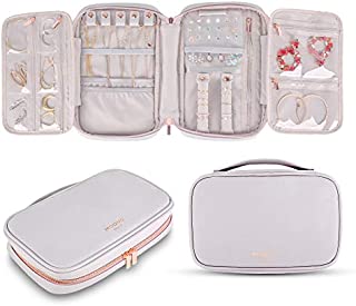 MODUS BAGS Travel Jewelry Organizer, Large Capacity Case for Tangle-Free Earrings, Necklaces, Rings Storage (Light Gray Vegan Leather, Rose Gold Hardware, Gift Box)