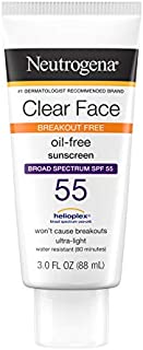 Neutrogena Clear Face Liquid Lotion Sunscreen for Acne-Prone Skin, Broad Spectrum SPF 55 with Helioplex Technology, Oil-Free, Fragrance-Free & Non-Comedogenic Facial Sunscreen, 3 fl. oz