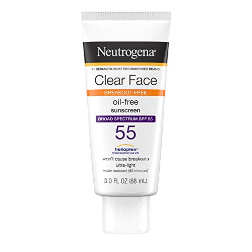 Neutrogena Clear Face Liquid Lotion Sunscreen for Acne-Prone Skin, Broad Spectrum SPF 55 with Helioplex Technology, Oil-Free, Fragrance-Free & Non-Comedogenic Facial Sunscreen, 3 fl. oz