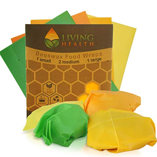 Living Health Beeswax Reusable Food Wrap (1 S, 2 M, 1 L)  Organic, Eco Friendly Wrapper  Keep Fruits, Vegetables, Leftovers Fresh  Alternative to Plastic Cling Wrap and Aluminum or Reynolds Wrap