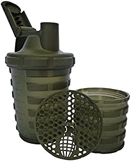 Grenade Shaker Bottle | Protein Cup with Storage Compartment | Leak Proof Strainer Included | BPA Free Sports Bottle | Pill Slots | Army Green, 20oz