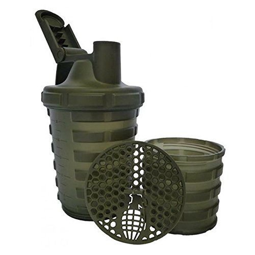 Grenade Shaker Bottle | Protein Cup with Storage Compartment | Leak Proof Strainer Included | BPA Free Sports Bottle | Pill Slots | Army Green, 20oz