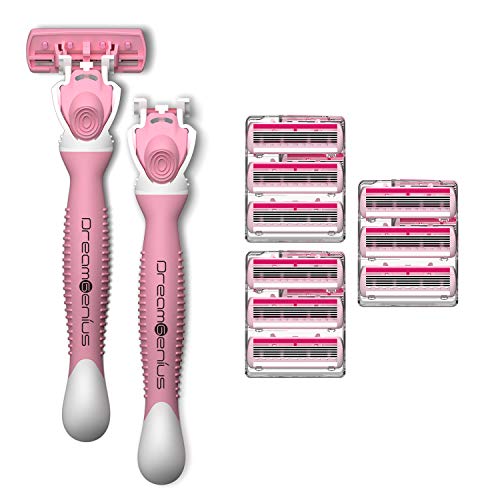 DreamGenius Razors for Women Sensitive Skin,6-Blade Womens Razors Includes 2 Handles and 10 Refills,Value Shaver for Women Pack, Non-Slip Travel Carry,Pink