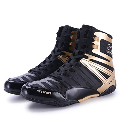 Amoda Men's Breathable Boxing Shoes Wrestling Shoes High-top Non-Slip Professional Training Shoes Squat Shoes Black Gold