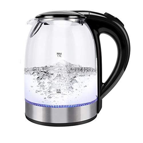 Electric Kettle, Glass Electric Kettle, Elecrtic Water Kettle, Boiling Water Kettle Fast Heating, Borosilicate Glass with LED Light, BPA Free Kettle, Electric Tea Kettle Cordless Teapot, Portable Glass Water Heater, Auto Shut-Off & Boil-Dry Protection