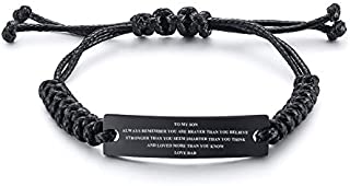 MEALGUET Stainless Steel Handmade Black Adjustable Cord Inspirational Courage Quote to My Son Bracelets to Boys,Birthday Graduation Gift Love from Mom Dad