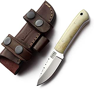 GCS Handmade D2 Tool Steel Bone Handle Hunting Skinning Camping Blade Utility Knife with Brown Leather Right or Left Hand Horizontal Sheath GCS261