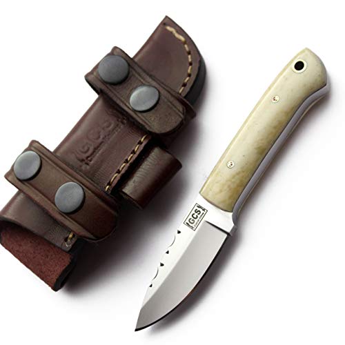 GCS Handmade D2 Tool Steel Bone Handle Hunting Skinning Camping Blade Utility Knife with Brown Leather Right or Left Hand Horizontal Sheath GCS261