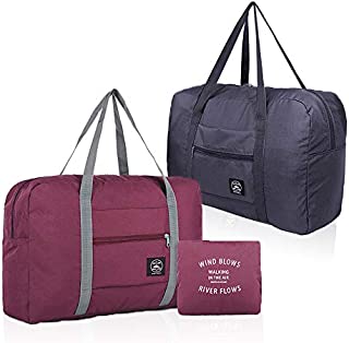 (2 Pack) Foldable Travel Duffel Bag, Waterproof Carry On Luggage Bag, Lightweight Travel Luggage Bag for Sports, Gym, Vacation (Wine red+Dark blue)