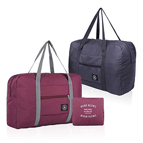 (2 Pack) Foldable Travel Duffel Bag, Waterproof Carry On Luggage Bag, Lightweight Travel Luggage Bag for Sports, Gym, Vacation (Wine red+Dark blue)