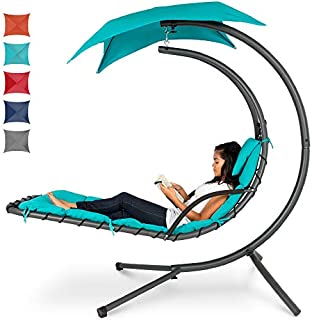 Best Choice Products Outdoor Hanging Curved Steel Chaise Lounge Chair Swing w/Built-in Pillow and Removable Canopy, Teal