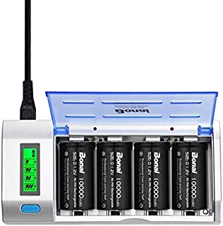 BONAI Rechargeable D Batteries with Charger LCD Smart Battery Charger for C D AA AAA 9V Ni-MH Ni-CD Rechargeable Batteries with 10000mAh Rechargeable D Cells (4 Counts)