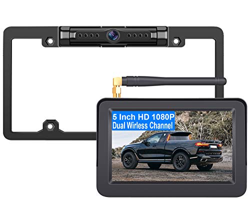 LeeKooLuu HD 1080P Wireless Backup Camera Monitor Kit Digital Signals Two Video Channels Driving Hitch Rear/Front View Observation System for Trucks,Campers,Van,Cars Night Vision DIY Guide Lines