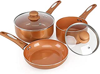 FGY 5 Pieces Copper Pots Pans Set Nonstick Cookware Set with Induction Bottom, 8 inch Frying Pan, 1 Quart & 2 Quart Sauce Pan with Glass Lid - Dishwasher Safe(Copper)