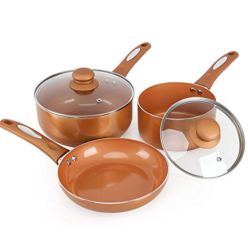 FGY 5 Pieces Copper Pots Pans Set Nonstick Cookware Set with Induction Bottom, 8 inch Frying Pan, 1 Quart & 2 Quart Sauce Pan with Glass Lid - Dishwasher Safe(Copper)