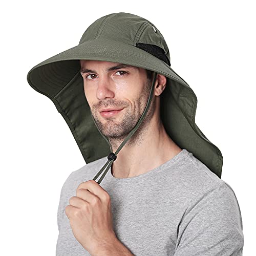 Outdoor Sun Hat for Men with 50+UPF Protection Safari Cap Wide Brim Fishing Hat with Neck Flap, for Dad (Army Green)