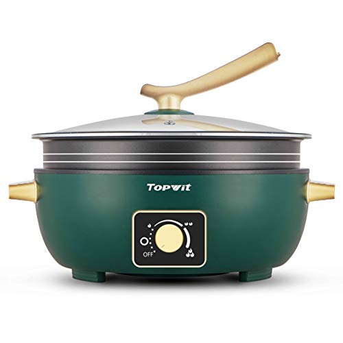 Topwit Electric Hot Pot with Adjustable Power Control, 5L Detachable Nonstick Electric Frying Pan, 12 Deep Dish Multifunction Electric Skillet with Tempered Glass Lid for Shabu Shabu, Noodles, Sauté