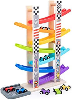 WOOD CITY Toddler Toys for 1 2 3 Years Old, Wooden Car Ramp Racer Toy Vehicle Set with 7 Mini Cars & Race Tracks, Montessori Toys Craft Gift for Toddlers Boys and Girls