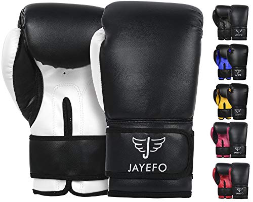 JAYEFO Beginners Leather Boxing MMA Muay Thai Gloves Kick Boxing Gloves Sparring Gloves MMA Gloves Bag Gloves (Black-White, 12 OZ)