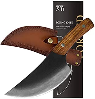 XYJ Forging Boning Knife Handmade Full Tang Cleaver with Leather Sheath High Carbon Steel Camping Serbian Knife for Camping, Hunting, Outdoor BBQ