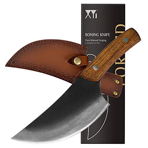 XYJ Forging Boning Knife Handmade Full Tang Cleaver with Leather Sheath High Carbon Steel Camping Serbian Knife for Camping, Hunting, Outdoor BBQ