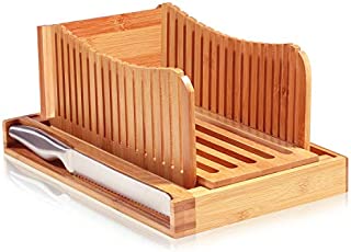 Premium Bamboo Bread Slicer with Knife - Cutting Guide for Homemade Bread, Cakes, Bagels - Foldable and Compact with Crumb Tray and Stainless-Steel Knife